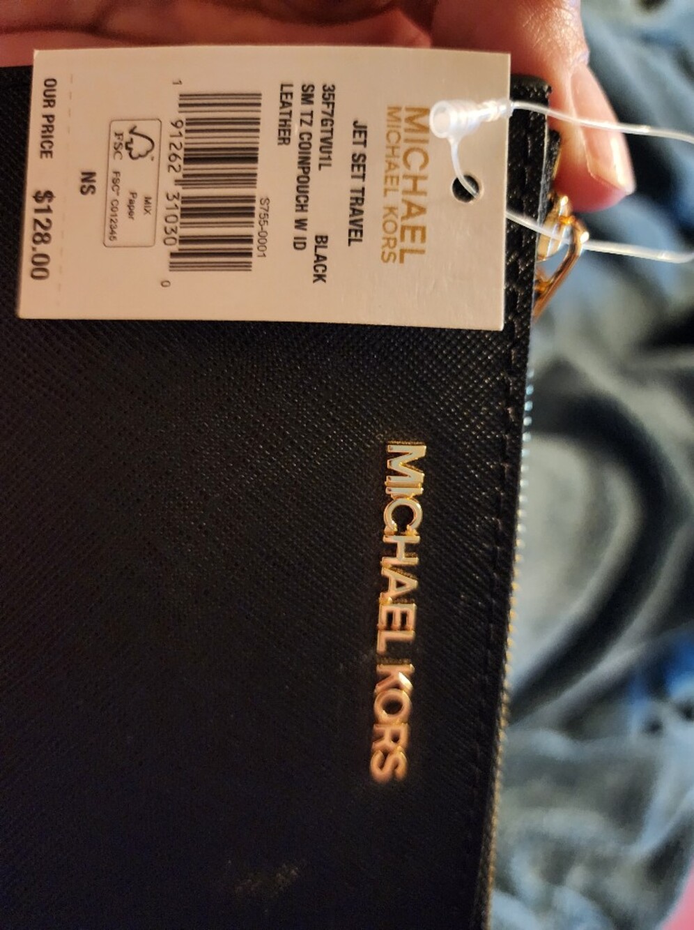 Michael Kors Black Leather Zip Card Case with Gold Logo
